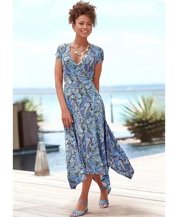 Women's Viscose Printed Handkerchief Hem V-Neck Tie-Waist Midi Dress - thumbnail 9
