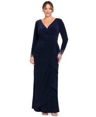 Plus Size Beaded-Sleeve Side-Ruffle Maxi Dress