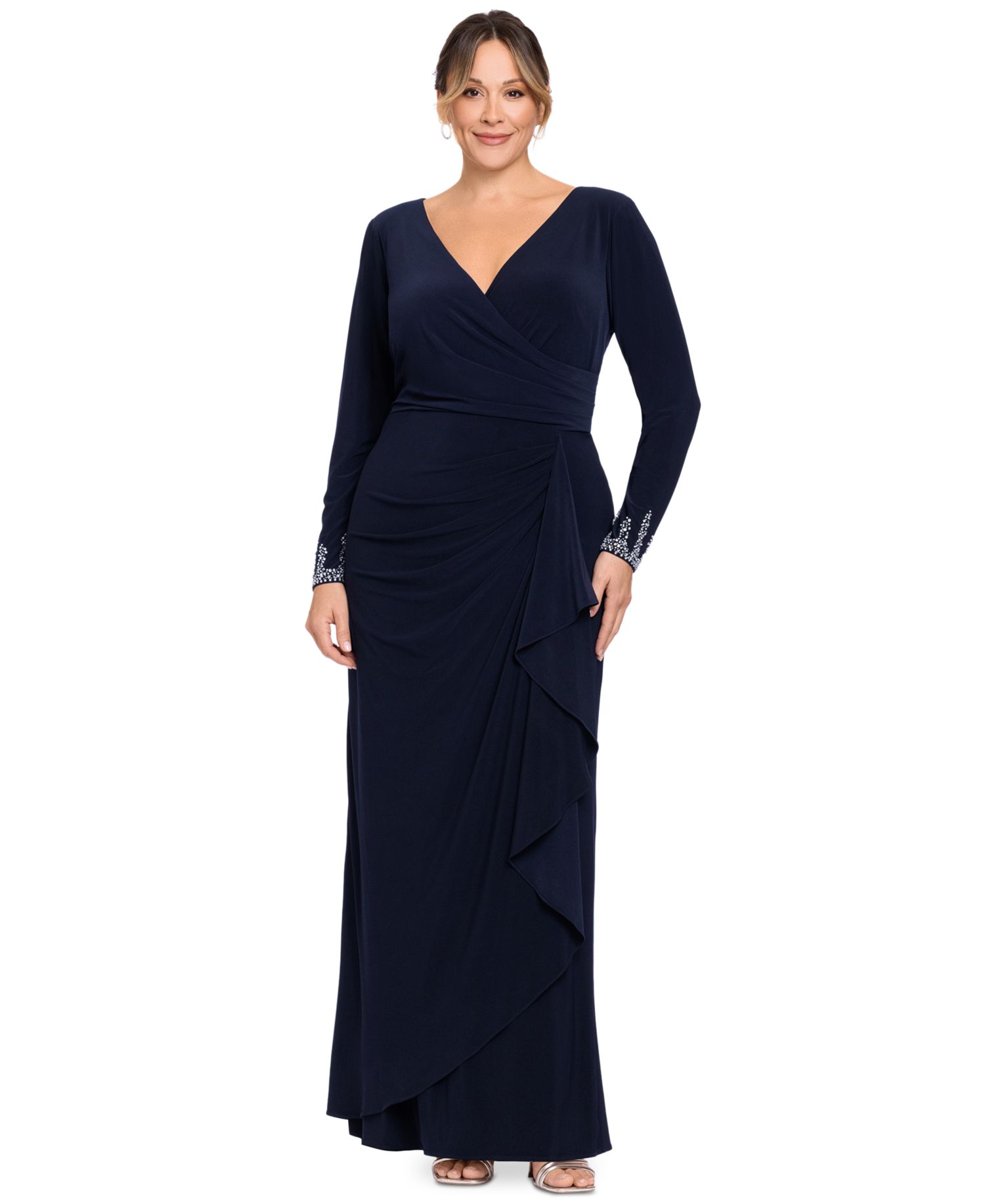 Plus Size Beaded-Sleeve Side-Ruffle Maxi Dress