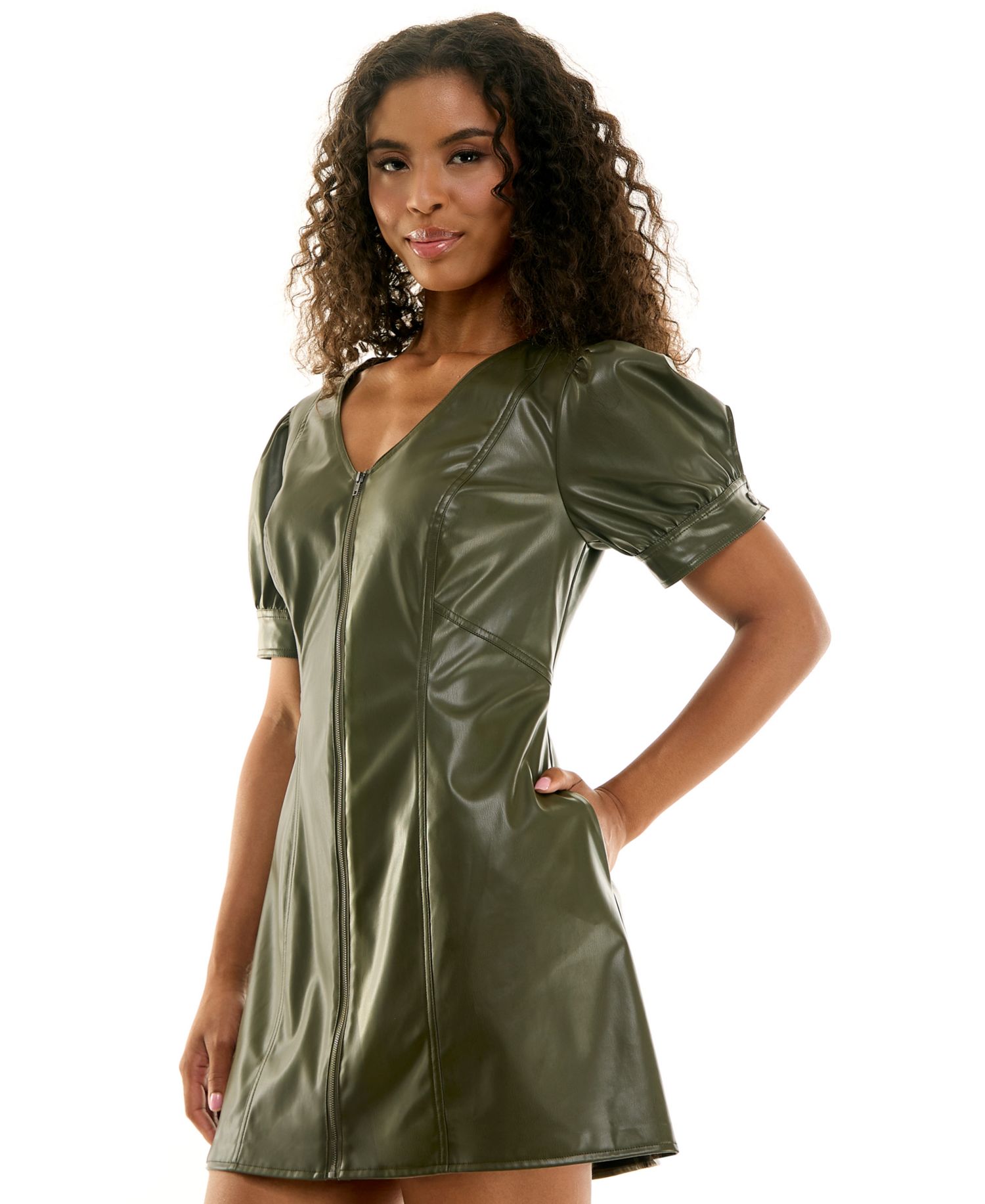 Juniors' Pleather V-Neck Mini Dress with Front Zipper