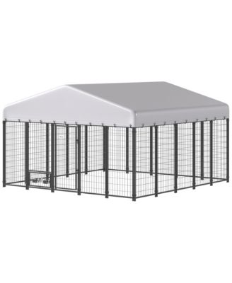 Outdoor Dog Kennel Run with Rotating Bowls and Waterproof Cover