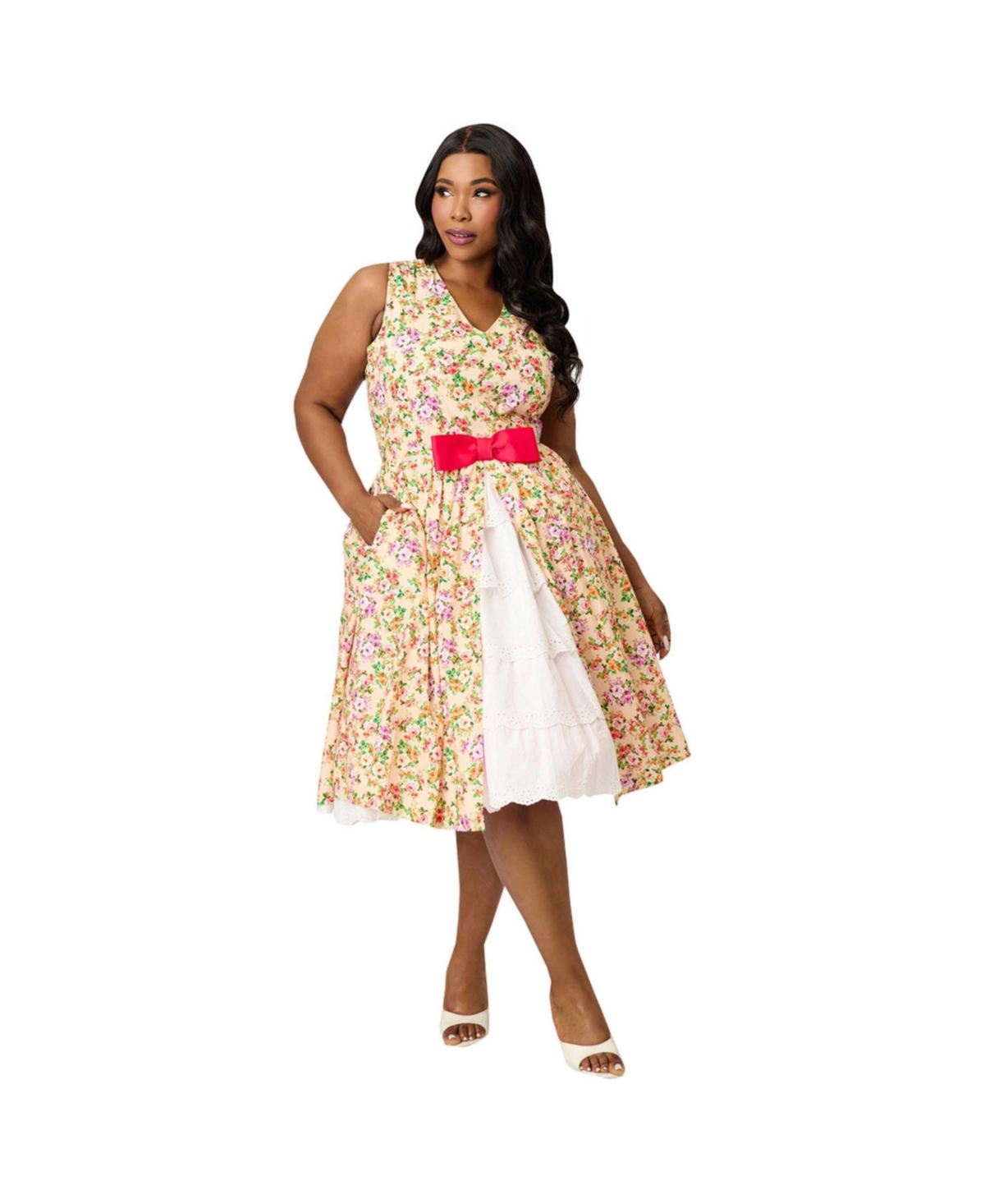 Unique Vintage Plus Size 1960s Garden Party Swing Dress - Beige floral print