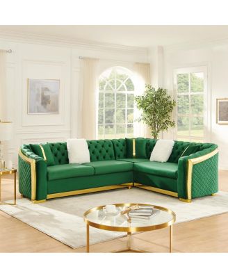 106" L-Shaped Velvet Chesterfield Sectional Sofa with Gold Accents