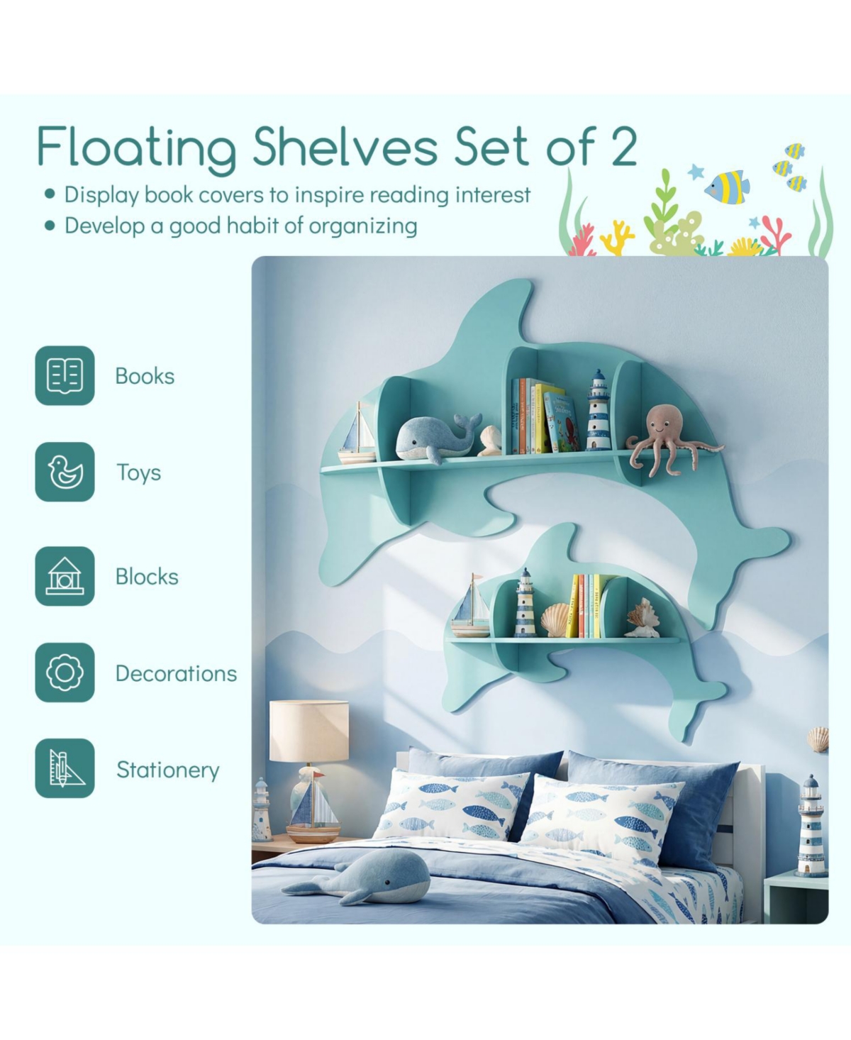 Slickblue 2 Pack Dolphin Floating Shelves Wall Mounted Storage Rack