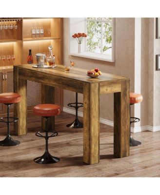 33.46 in. Rectangle Bar Table, Wood Counter Height Pub Table with Duouble Pedestal for Kitchen, Home