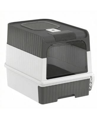 Hooded Cat Litter Box with Drawer Front Entry and Top Exit