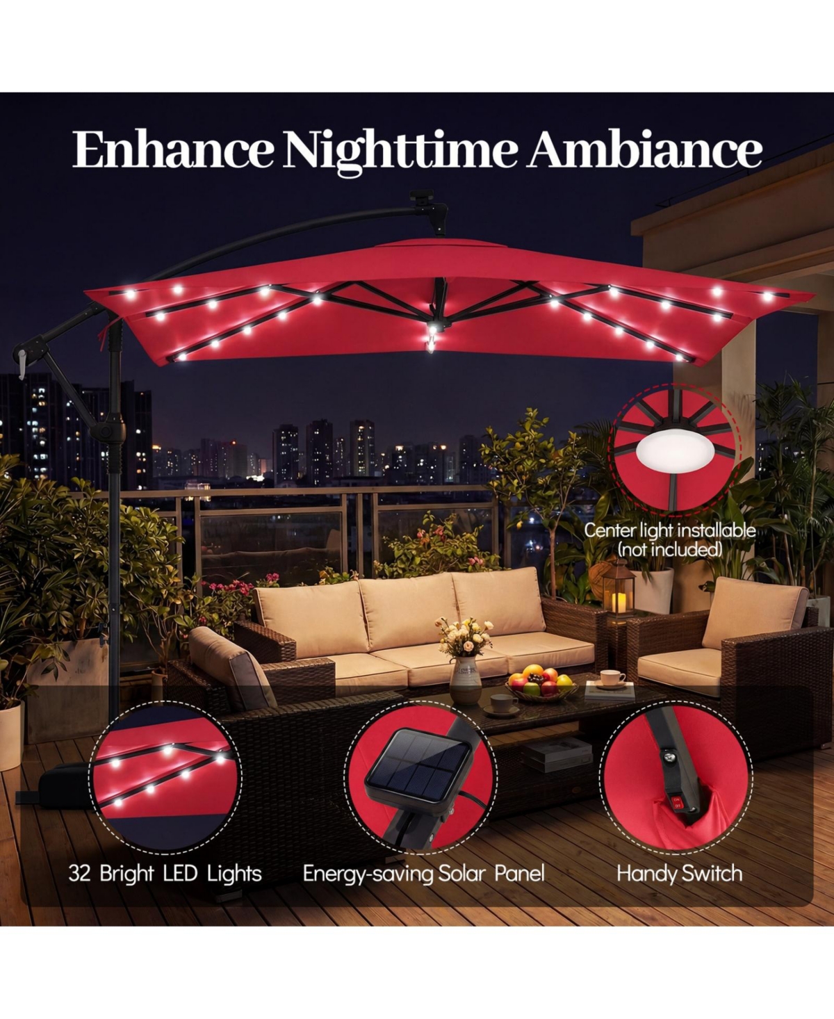 Sugift 8 x 8 feet Solar Led Square Offset Cantilever Outdoor Umbrella with 360 Swivel