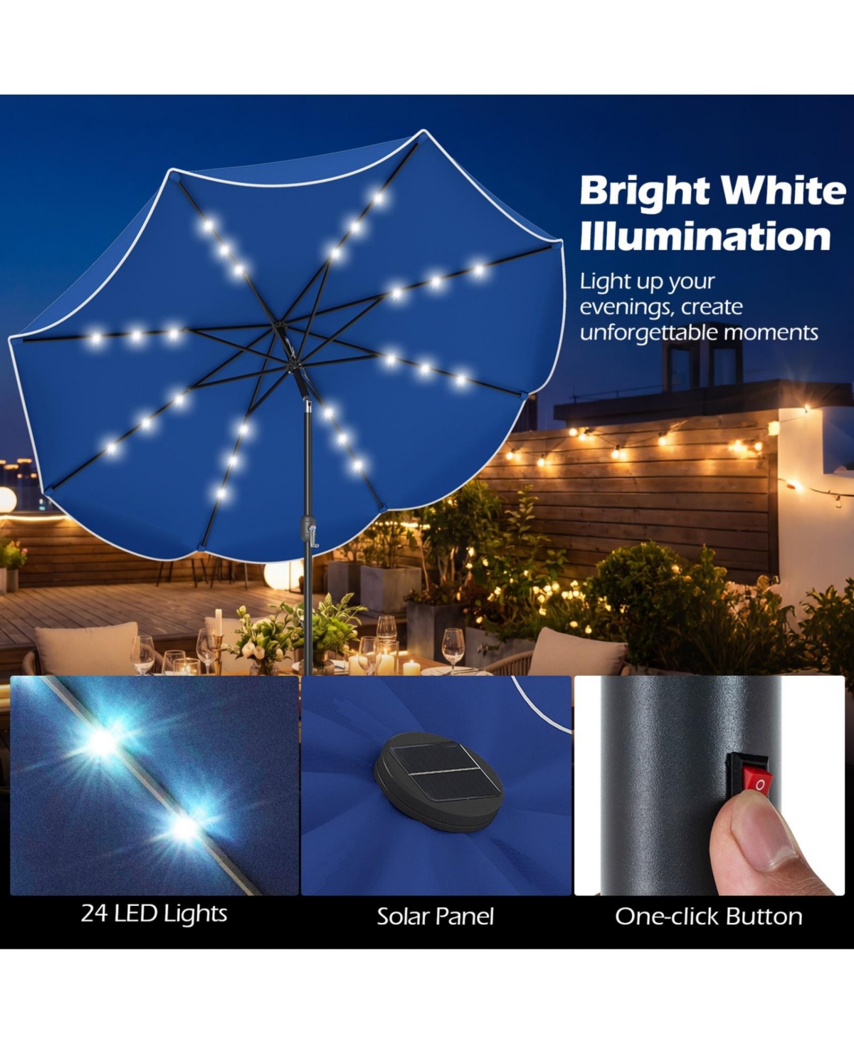 Sugift Scalloped Solar Market Patio Umbrella with 24 Led Lights and Push Tilt