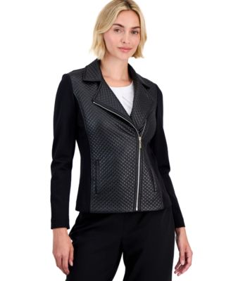Petite Long-Sleeve Combo Motorcycle Jacket