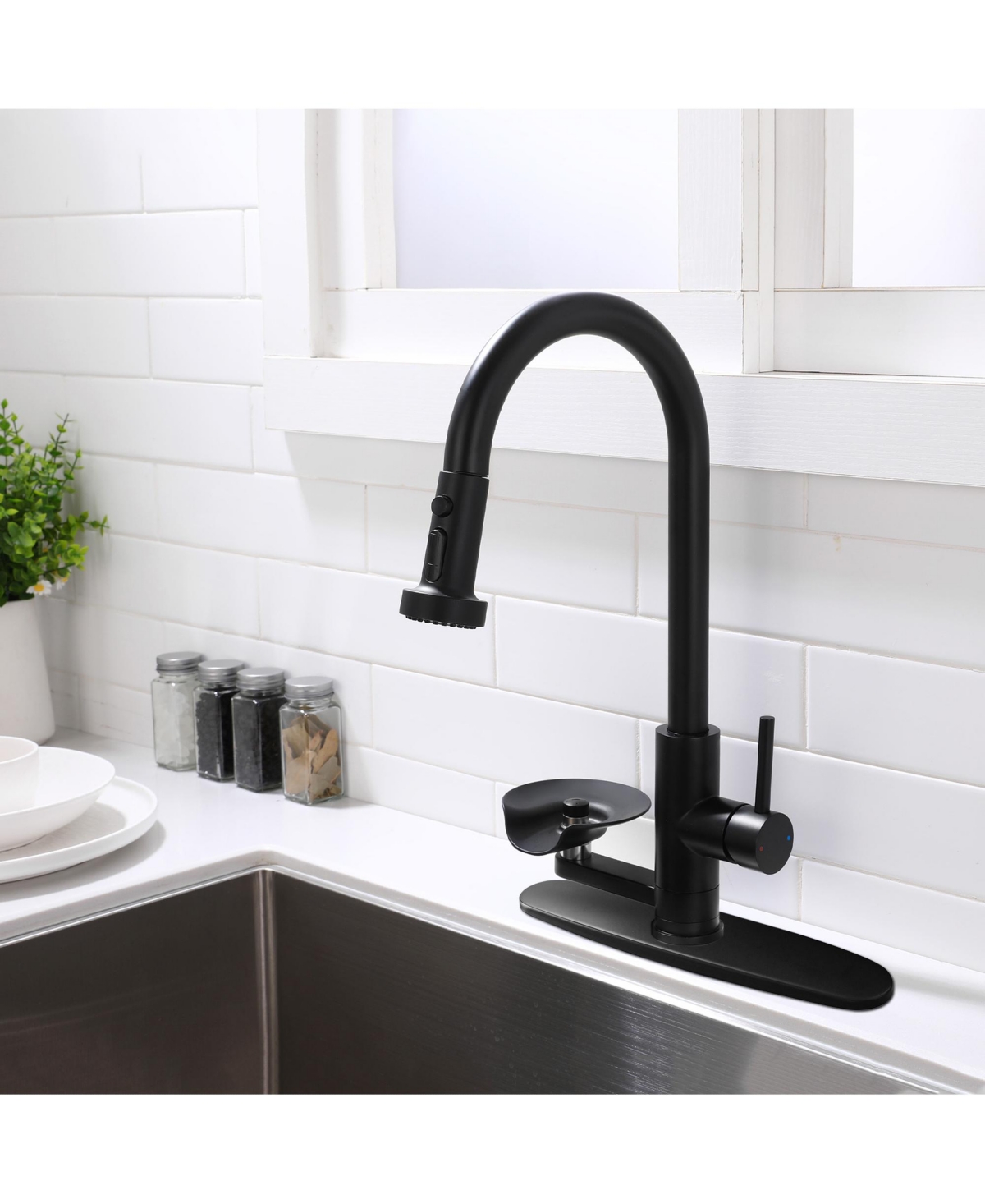 Busdays Matte 3 in 1 Kitchen Faucet High Arc Pull Down Sprayer with Glass Rinser 3 Spray Functions for Modern Kitchen Sink