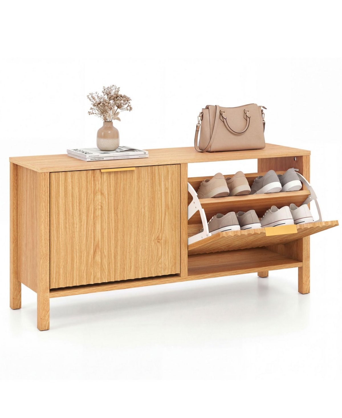 Slickblue Wooden Shoe Storage Bench with 2 Flip Drawers for Entryway Organization