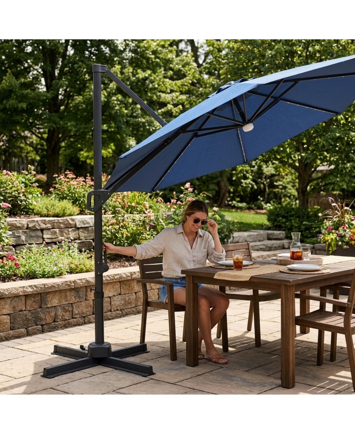 Sugift 10 feet Solar Led Cantilever Patio Umbrella with 28 Lights and 360 Rotation