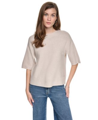 Women's Rugby Boxy Side Slits Short-Sleeve Crewneck Sweater