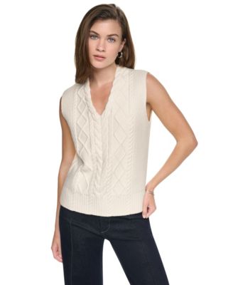 Women's Cable-Knit V-Neck Hi-Low Sweater