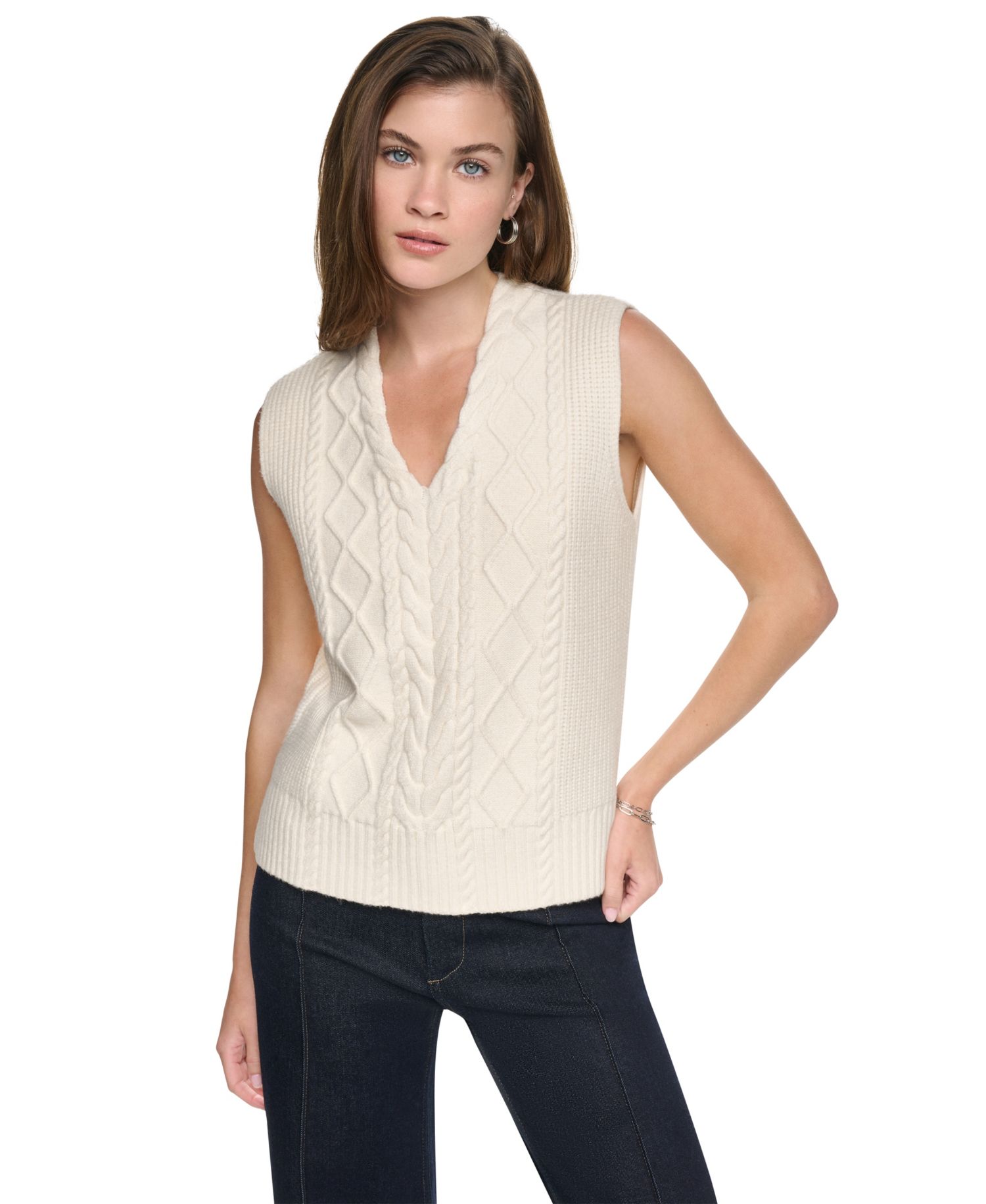 Women's Cable-Knit V-Neck Hi-Low Sweater