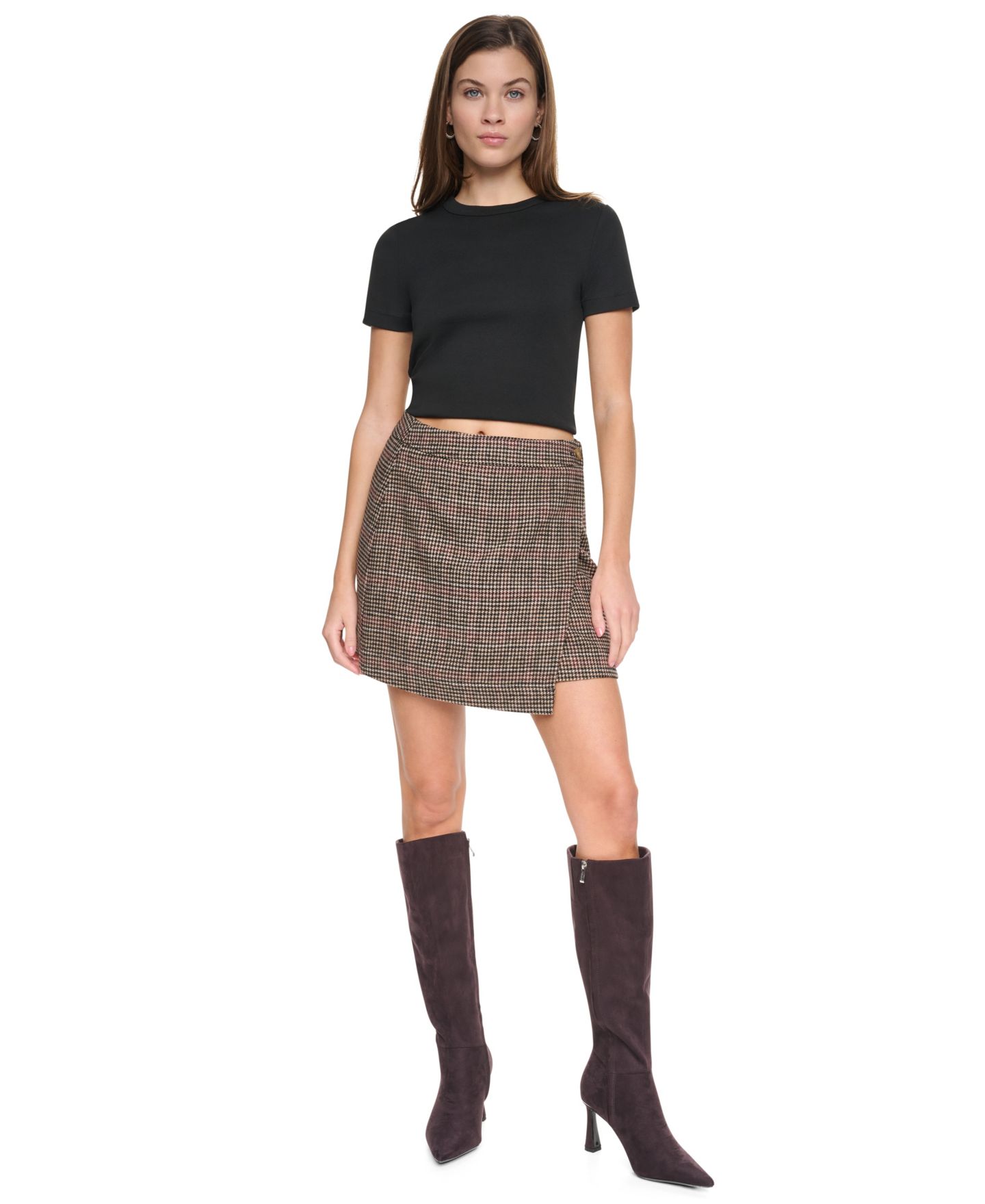 Женская юбка DKNY Jeans Plaid High-Waisted Wrap Mini, цвет: Бордово-красный клетчатый — фото 2