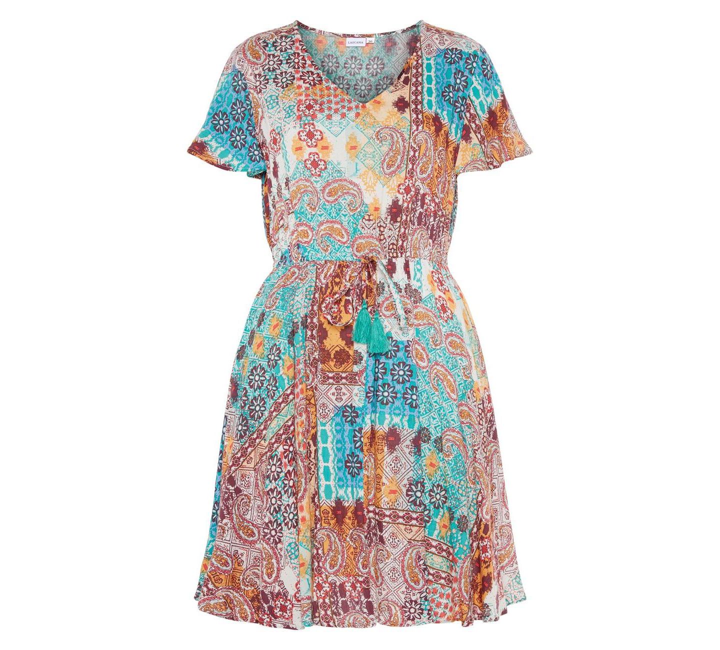 Женское платье LASCANA Viscose Patchwork Print A-Line V-Neck Elastic-Waist Short, цвет: Разноцветный с принтом — фото 3