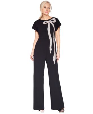 Women's Flutter-Sleeve Dramatic Crystal Bow Detail Jumpsuit