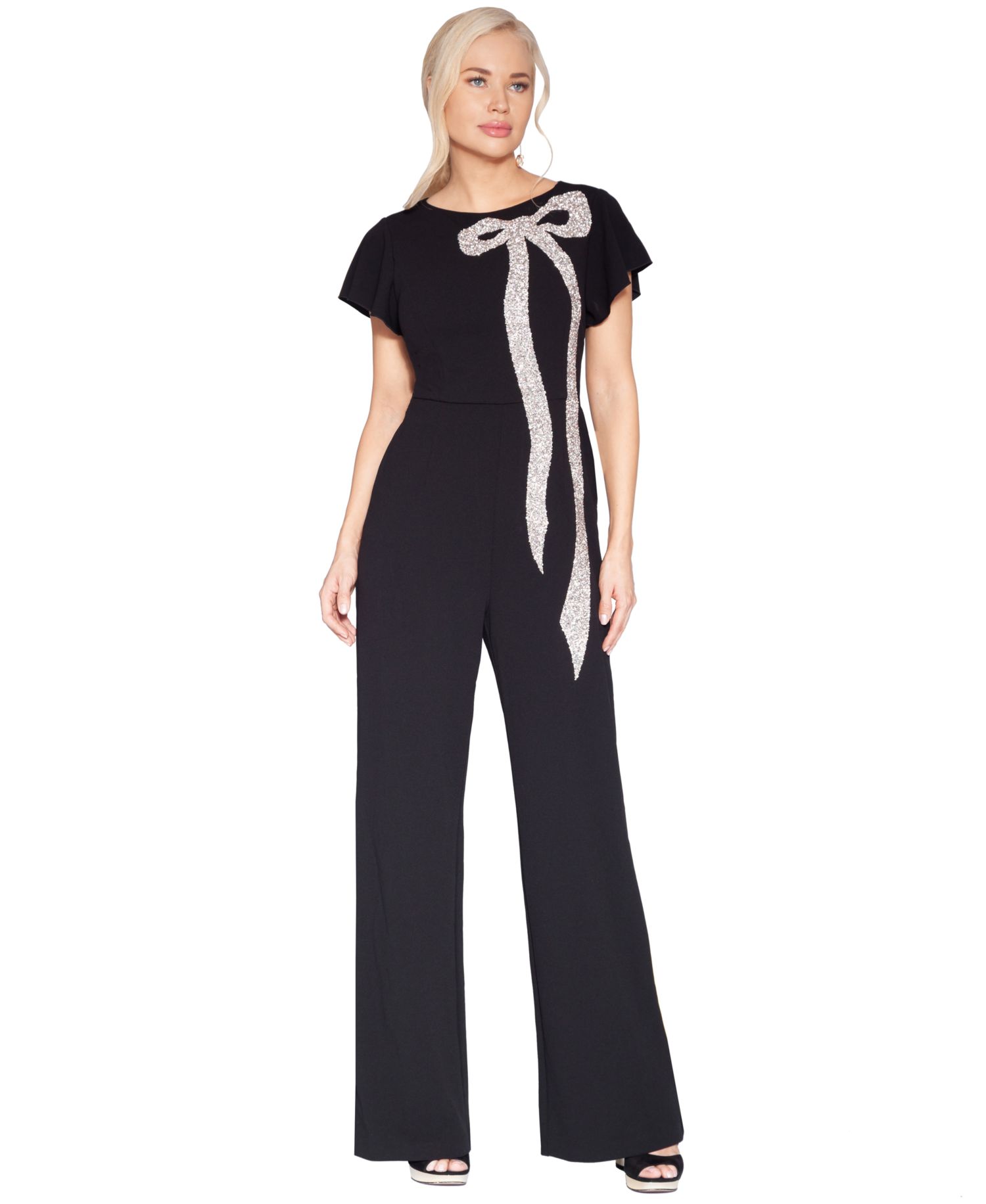 Women's Flutter-Sleeve Dramatic Crystal Bow Detail Jumpsuit
