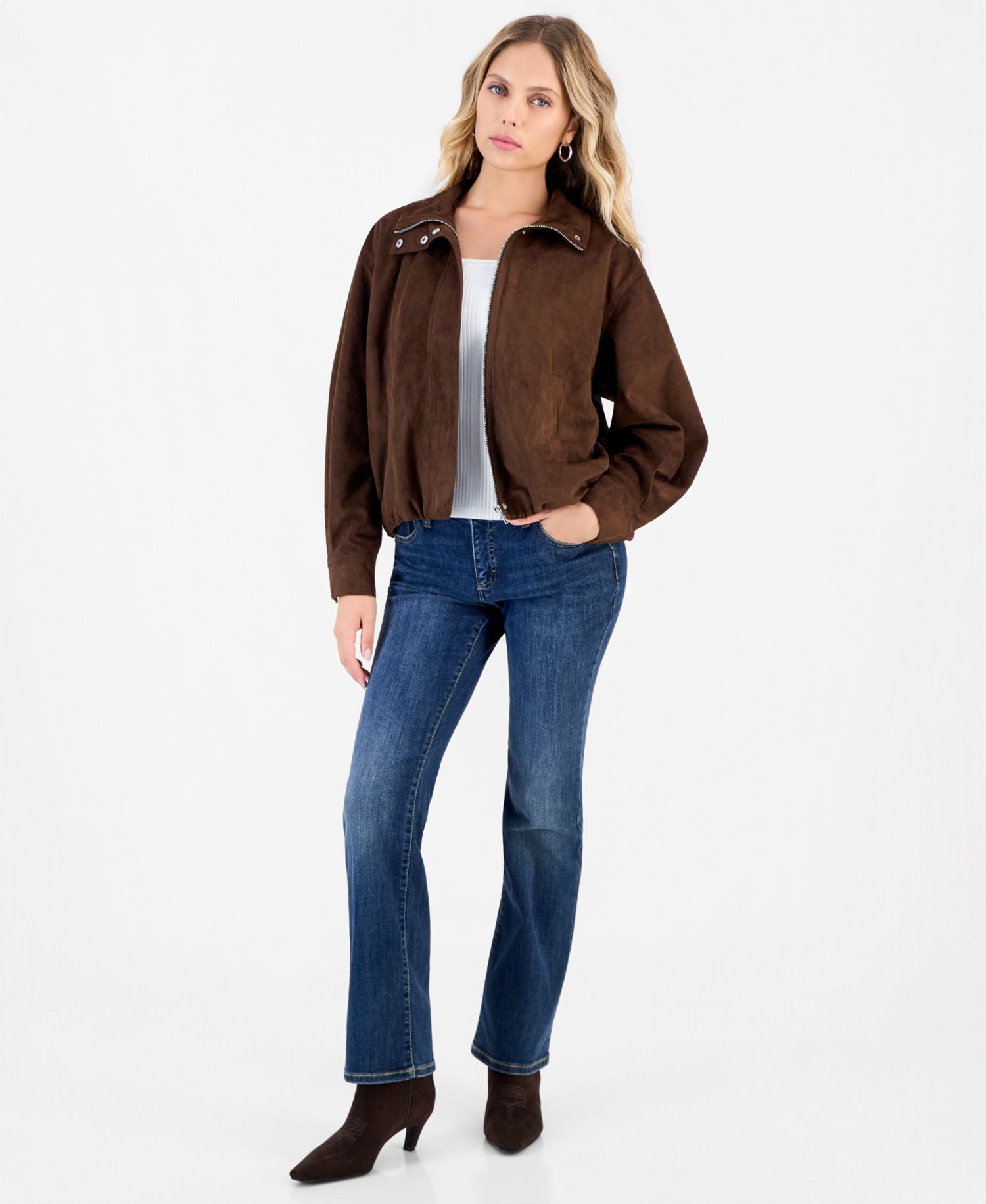 Petite Faux Suede Funnel-Neck Bomber Jacket