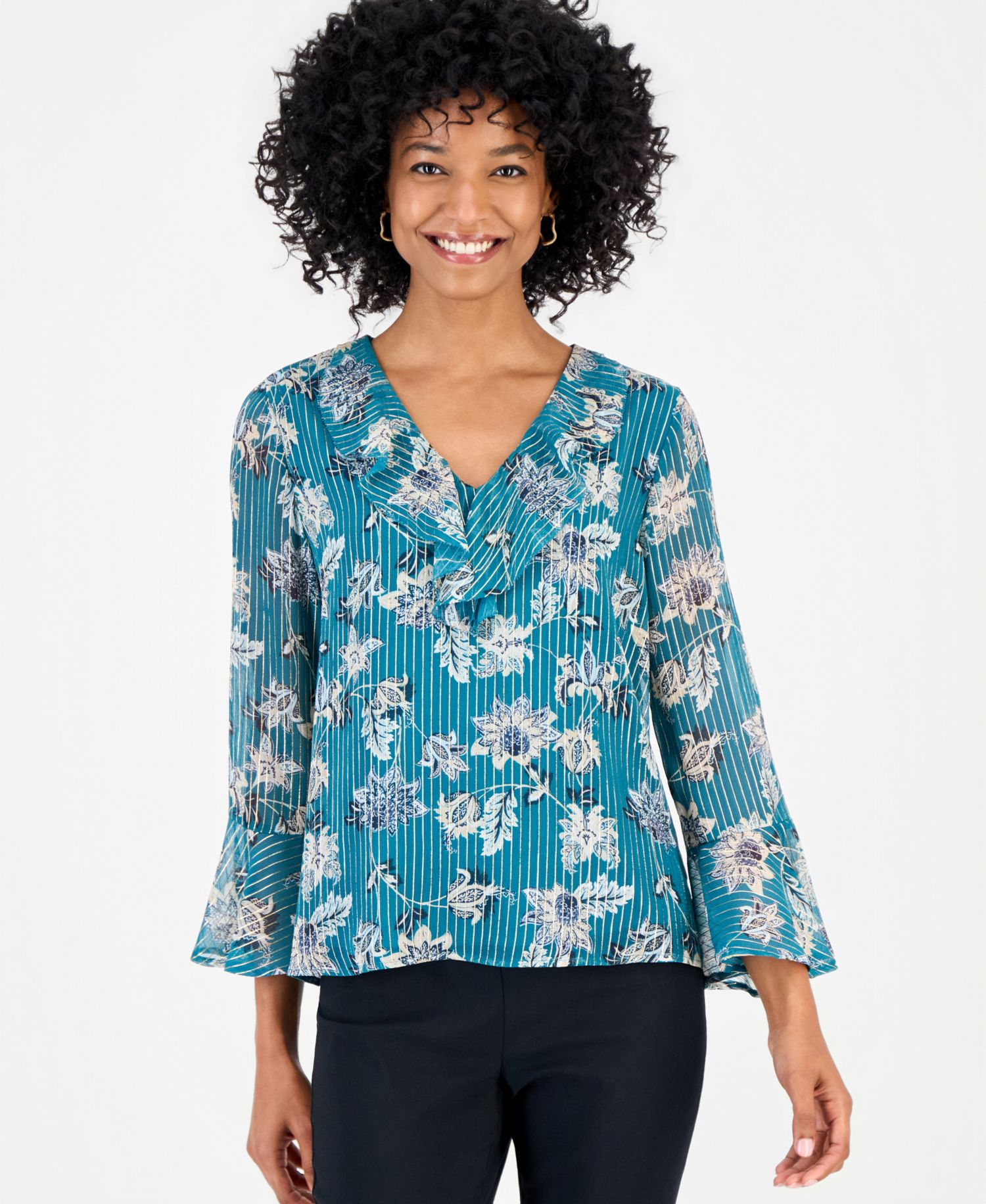 Women's Shine Floral V-Neck Bell Sleeves Printed Blouse