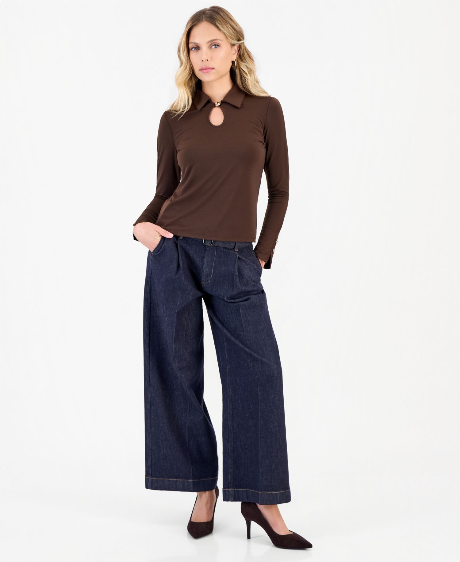 Petite Long-Sleeve Point-Collar Keyhole Neckline Blouse