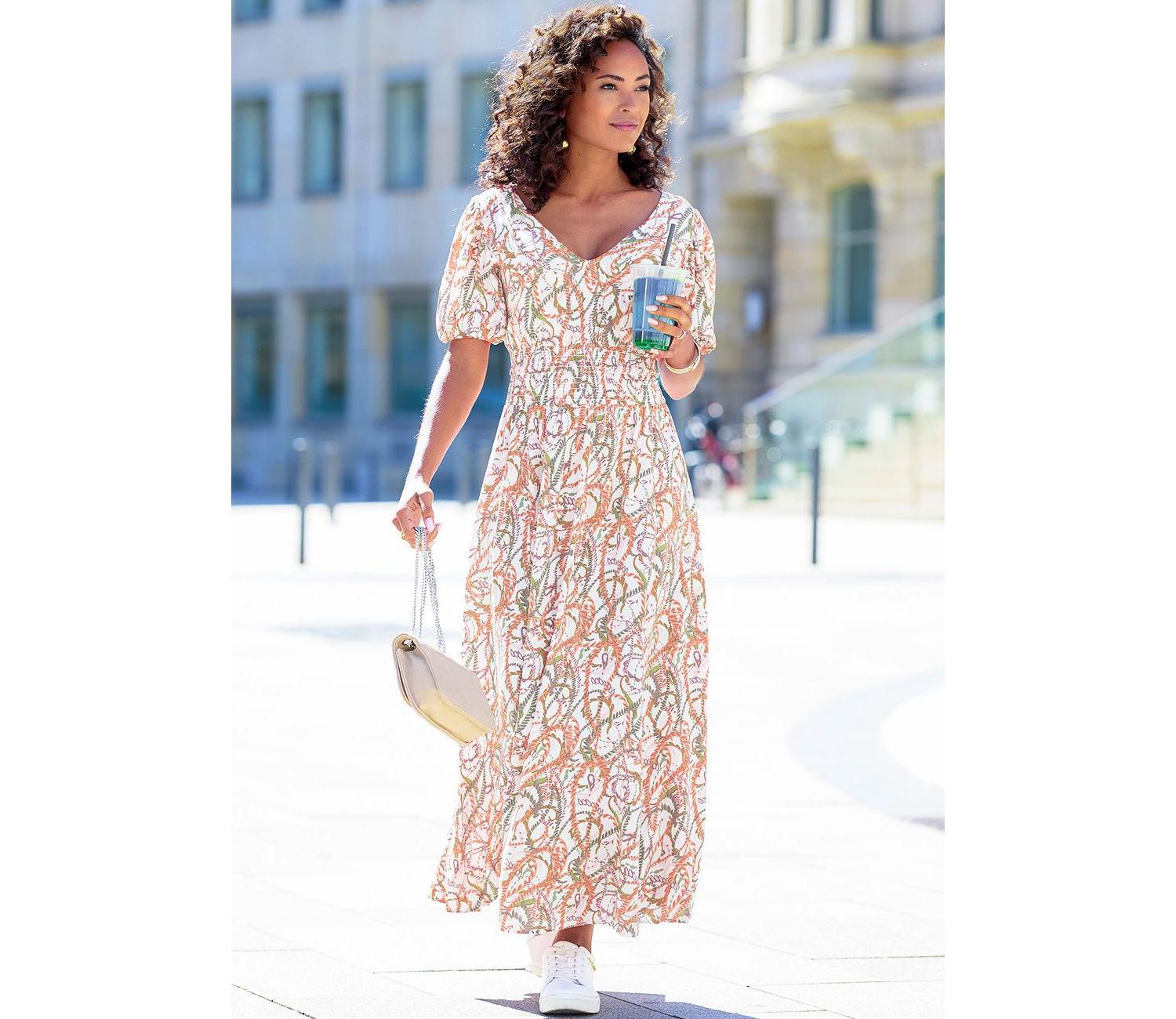 Women's Viscose Printed Puff A-Line V-Neck Empire-Waist Maxi Dress