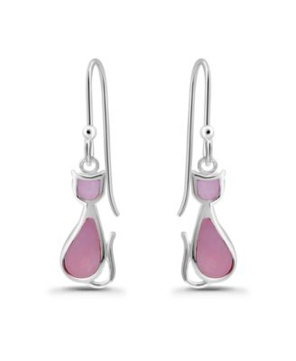 Pink Shell Inlay Fine Silver-Plated Cat Fishhook Drop Earrings