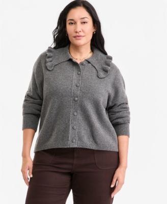 Plus Size Ruffled Collar Long-Sleeve Cardigan