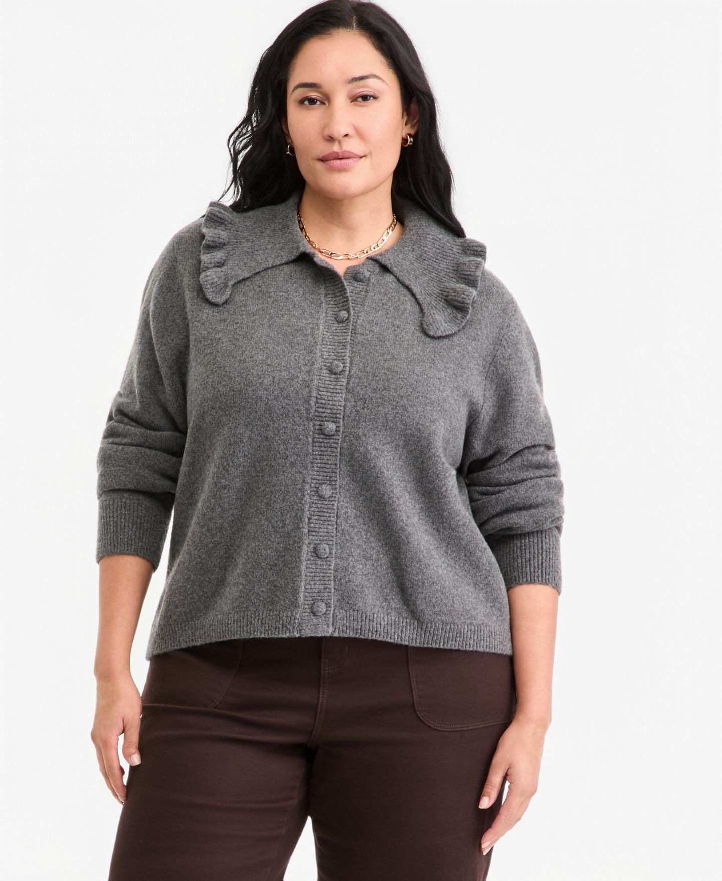 Женский кардиган On 34th Plus Size Ruffled Collar Long-Sleeve, цвет: Серый — фото 1