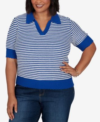 Plus Size Two-Tone Collared Elbow-Sleeve Sweater