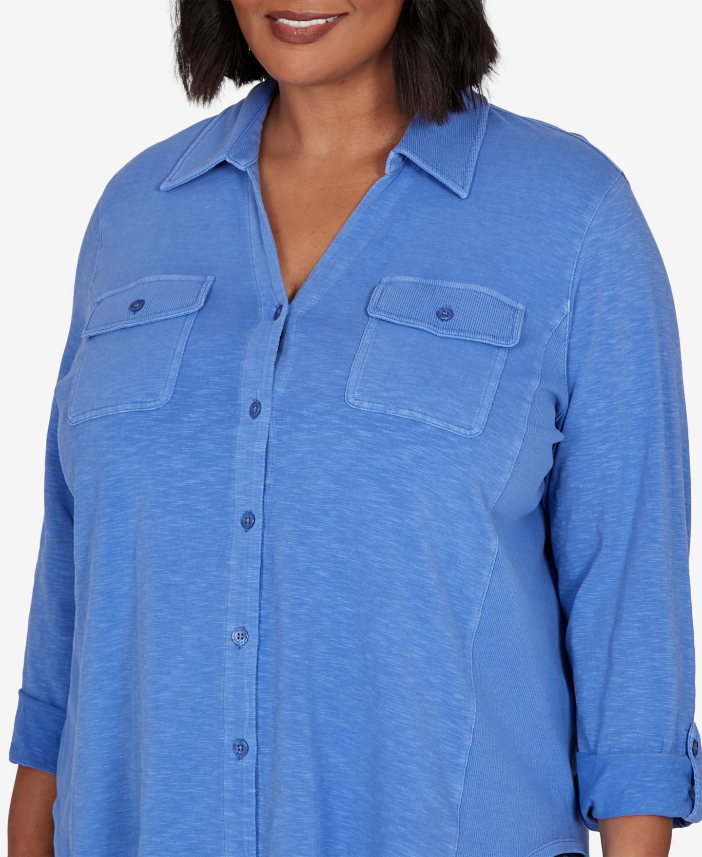 Женский топ Ruby Rd. Plus Size Rib Trim Button-Front Knit, цвет: Blubird — фото 4