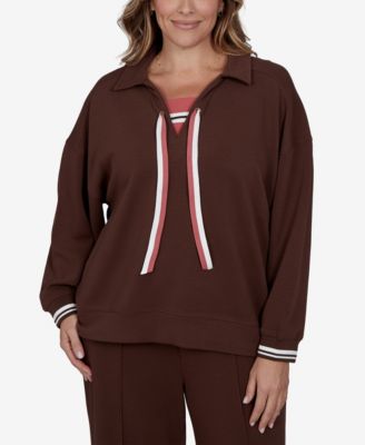 Plus Size Stripe Trim Drawstring Pullover Top