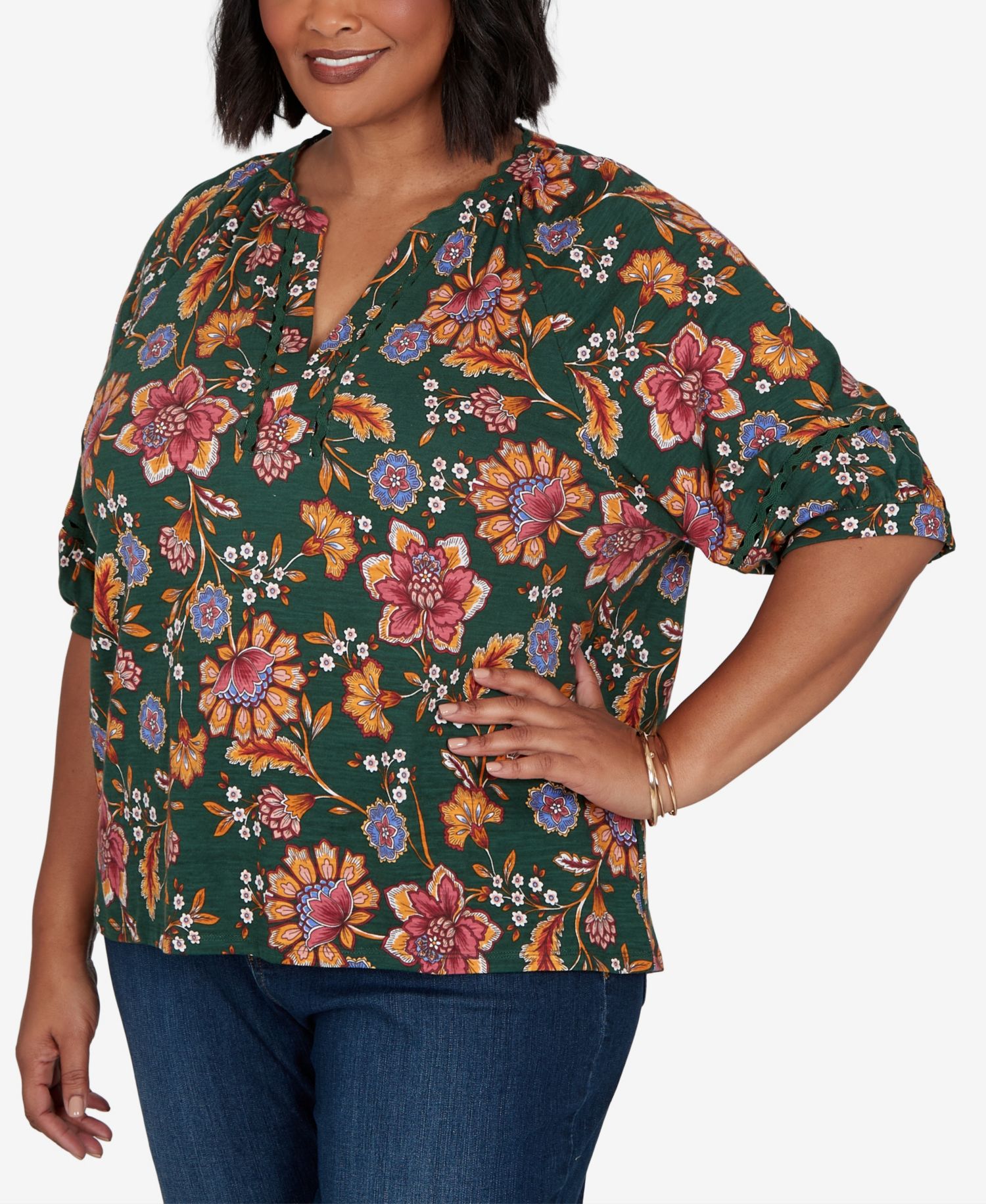 Plus Size Floral Vines Printed Cotton Knit Top
