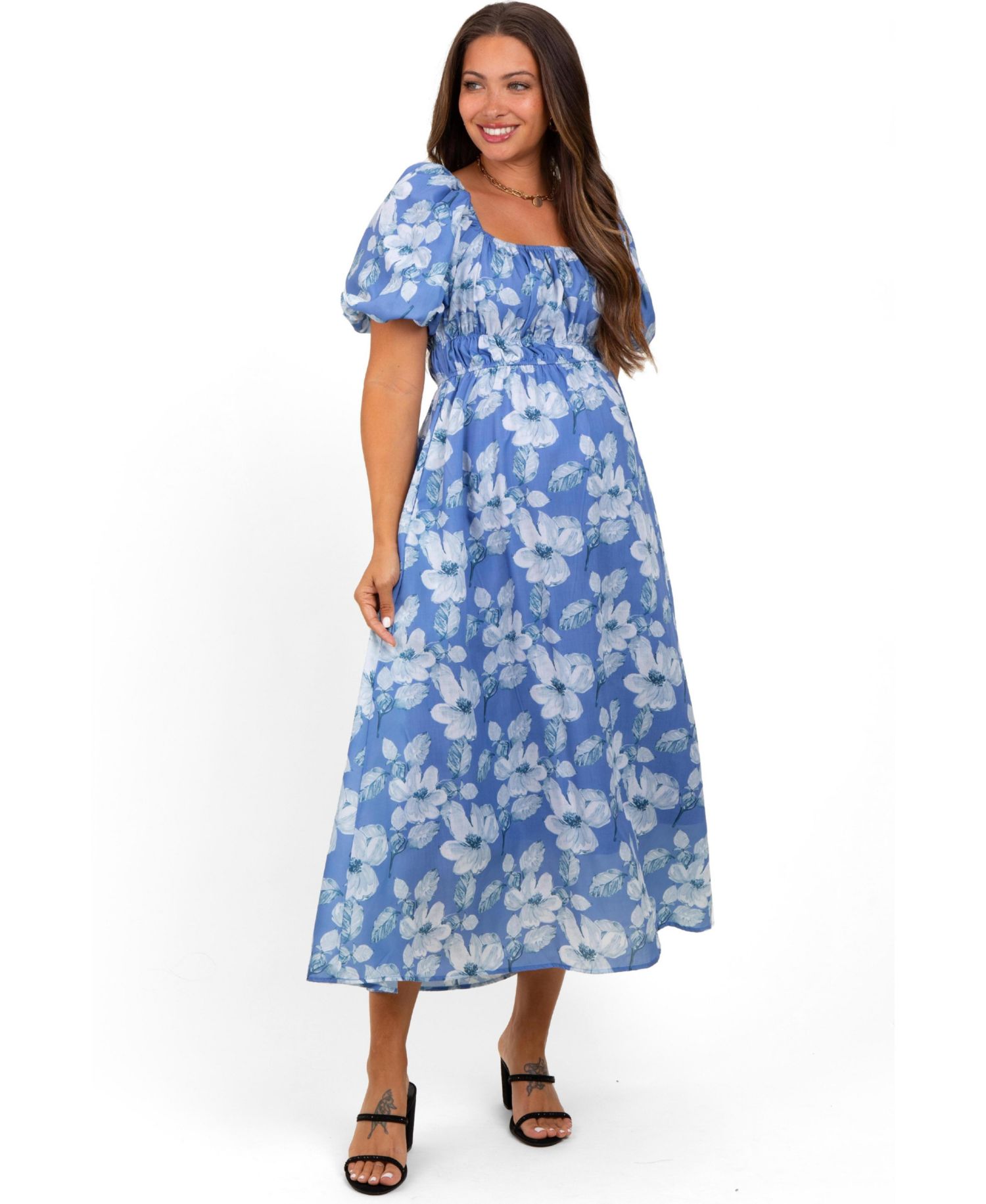 Women's Blue Multi Printed Floral Square Neck Midi Dress