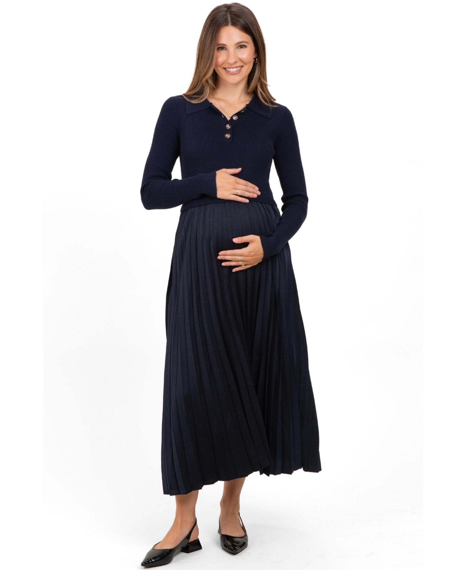 Women's Navy Collared Knit Contrast Pleated Skirt Midi Dress