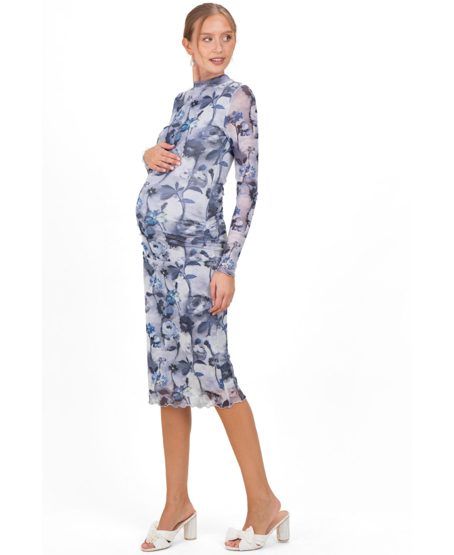Women's Blue Floral Mesh Long Sleeve Midi Dress