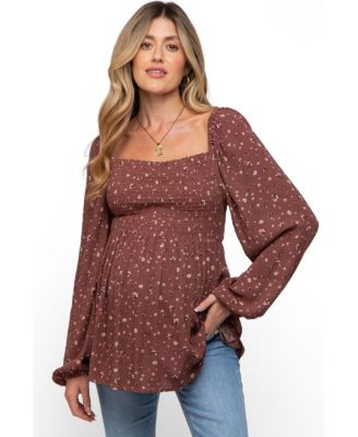 Women's Brown Floral Smocked Long Sleeve Top