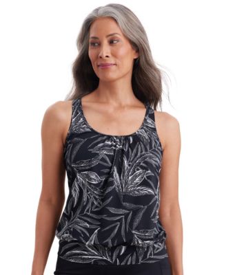 Women's Leaf Encounter Shirred Neck Blouson Tankini Swimsuit Top