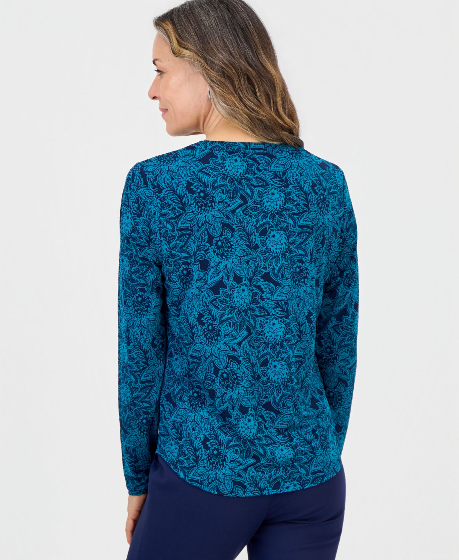 Petite Floral Arrangement V-Neck Zipper-Pocket Long-Sleeve Blouse