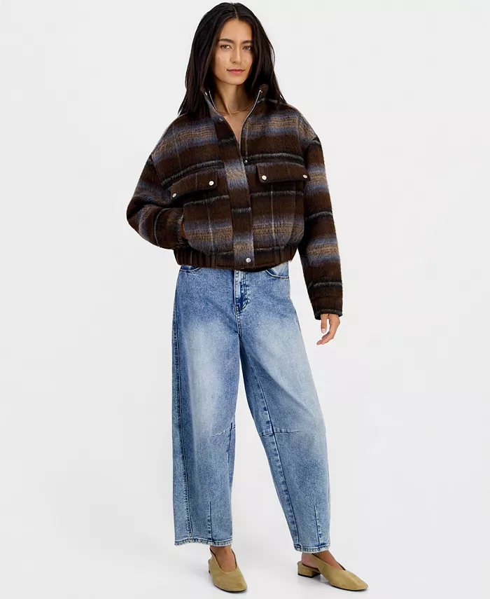 Women's Plaid Corduroy Bomber Jacket - thumbnail 2