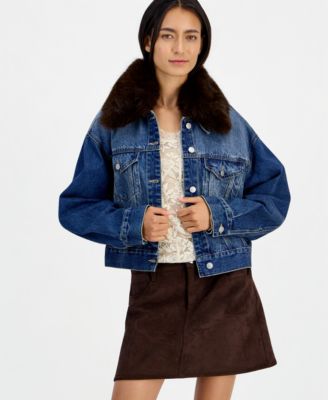 Women's Removable Faux-Fur Collar Denim Cropped Jacket