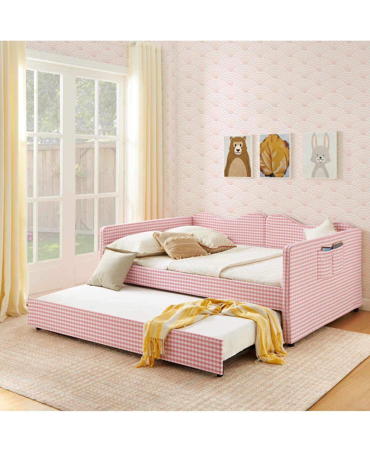 Streamdale Furniture Gingham Upholstered Full-Size Daybed with Trundle and Side Storage