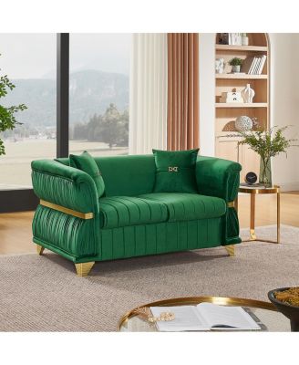 Modern Velvet Loveseat Sofa with Gold Trim and 2 Pillows