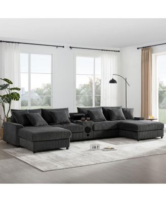  Corduroy U-Shaped Sectional Sofa with Bluetooth Speakers and Storage