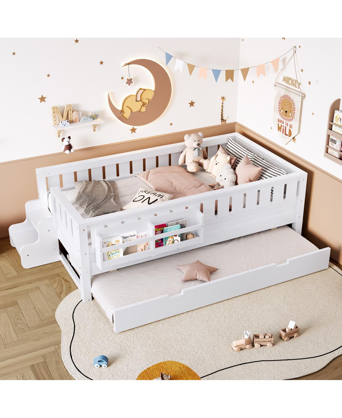 Streamdale Furniture Twin Bed with Bookshelves, Staircase, Safety Rails, and Trundle