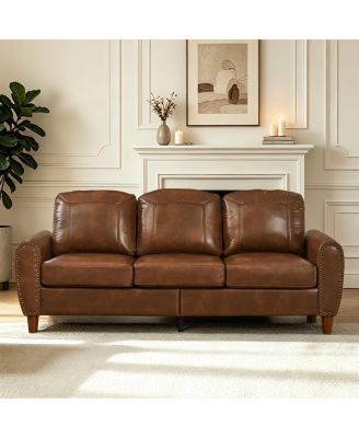 81.5" Classic Faux Leather Rolled Arm Sofa with Solid Wood Legs
