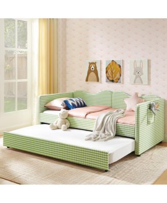 Gingham Upholstered Twin Daybed with Trundle and Side Storage Pocket