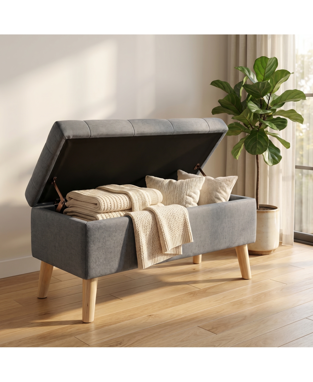 Streamdale Furniture Wide Upholstered Storage Ottoman Bench with Built-in Tray