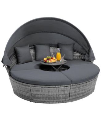 Outdoor PE Wicker Round Daybed with Retractable Canopy Cushions and Lift Table
